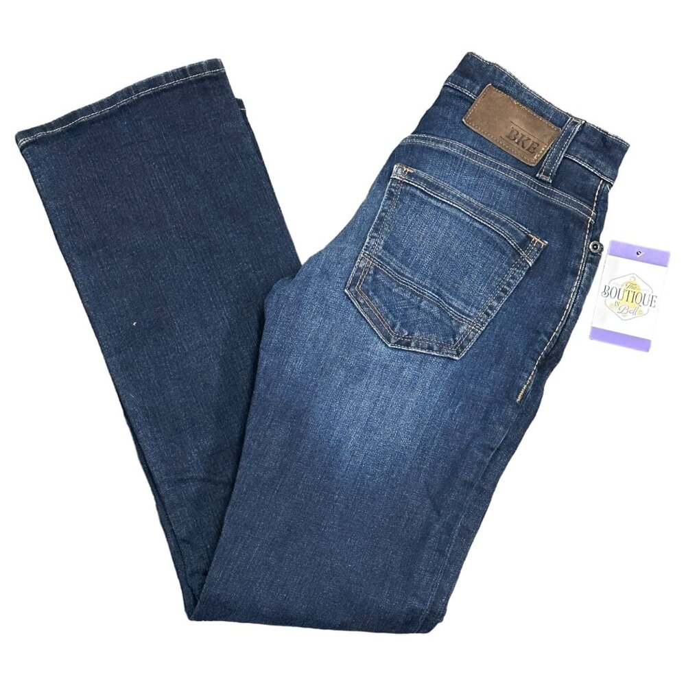 BKE Aiden Mens 27S Bootleg Jeans Dark Wash Denim Whiskered 30" Inseam Mid Rise - Picture 16 of 16